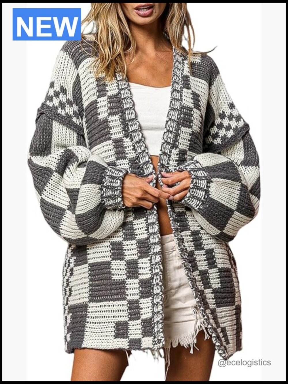 Women's Chunky Knit Plaid Long Sleeve Open Front Cardigan Sweater